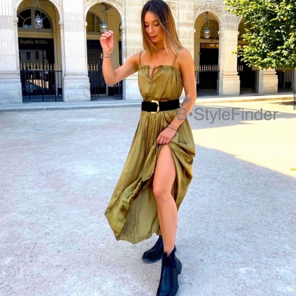Zara Olive Satin Effect Dress - Picture 8 of 15